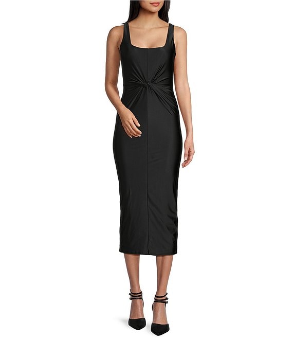 Color:Black - Image 1 - Square Neck Sleeveless Twisted Waist Midi Dress