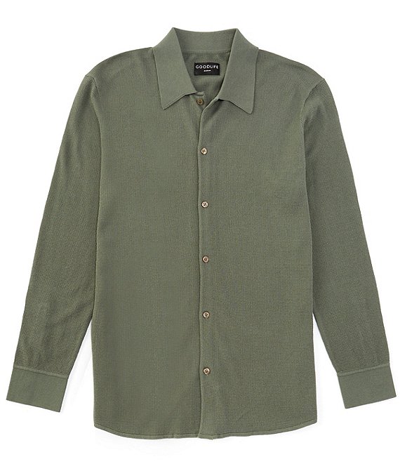 Goodlife Slim Fit Mini Waffle Knit Long Sleeve Button-Front