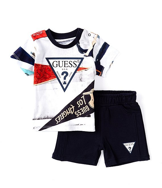 Guess Baby Boys Newborn -24 Months Allover Print Triangle Logo Tee & French Terry Short Set