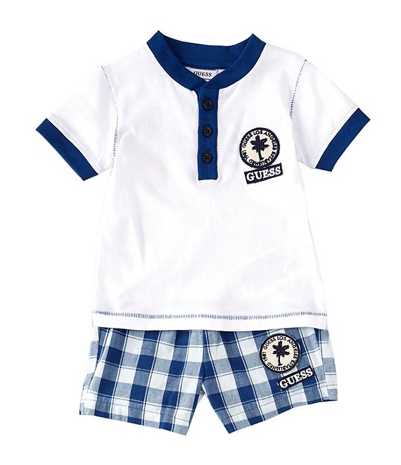 Color:Multi - Image 1 - Baby Boys Newborn-24 Months Short Sleeve Logo Jersey Henley Tee & Plaid Poplin Shorts Set