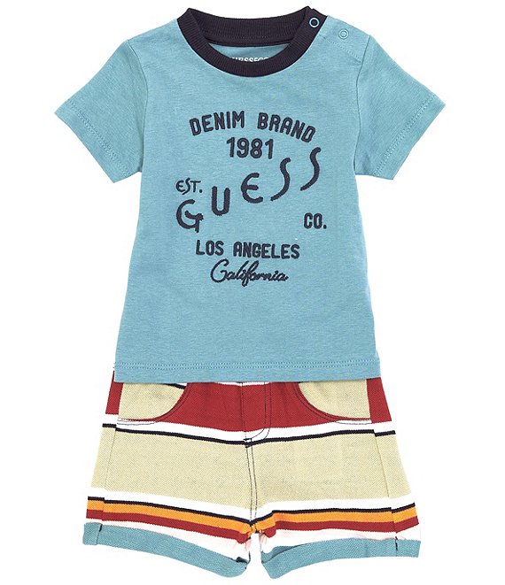 Color:Multi - Image 1 - Baby Boys Newborn-24 Months Short-Sleeve Logo Tee & Yarn-Dyed-Stripe Shorts Set