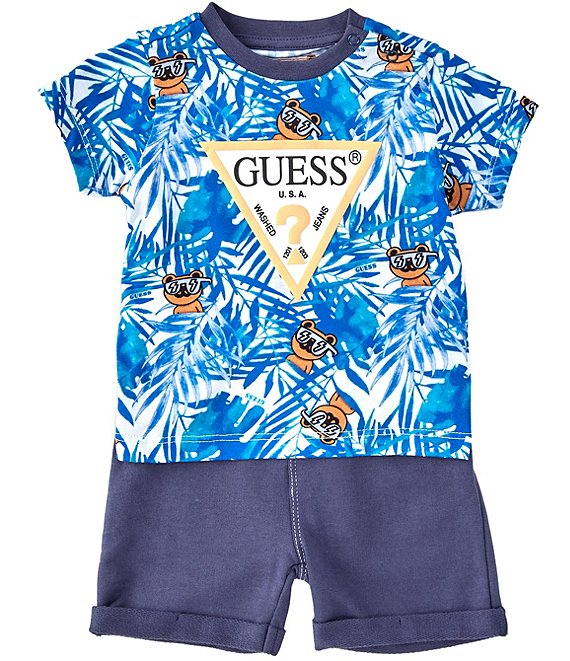 Color:Turquoise - Image 1 - Baby Boys Newborn-24 Months Short-Sleeve Printed Triangle Logo Jersey Tee & French Terry Shorts Set