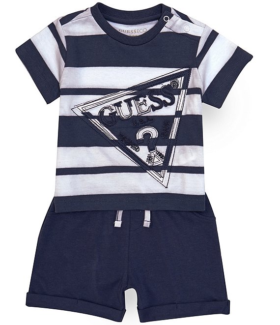 Color:Blue - Image 1 - Baby Boys Newborn-24 Months Short Sleeve Striped Tee & Solid Shorts Set