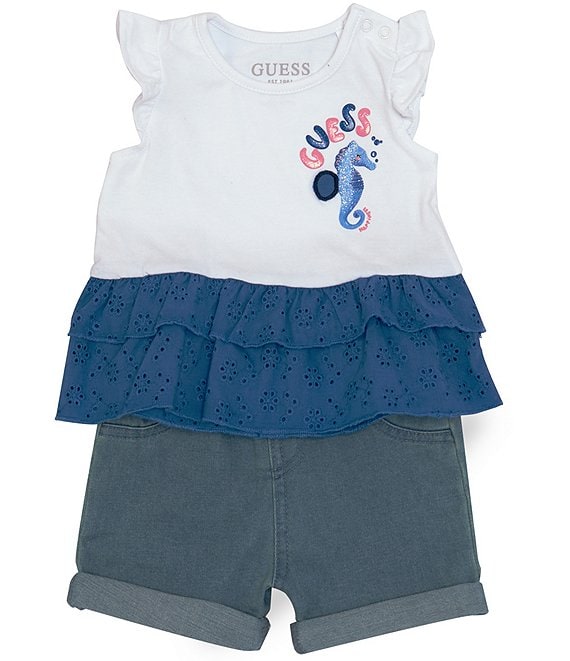 Guess Baby Girls Newborn-24 Months Short Sleeve Seahorse Tiered Top & Denim  Shorts Set