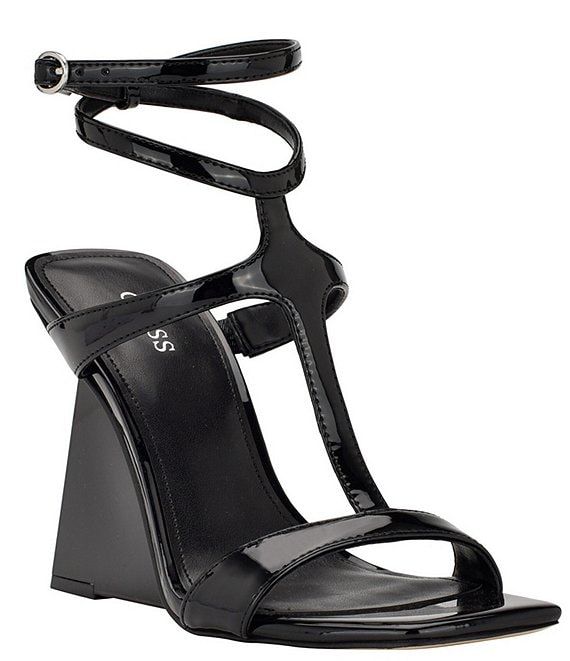 Color:Black - Image 1 - Bacio Patent Ankle Strap Wedge Dress Sandals