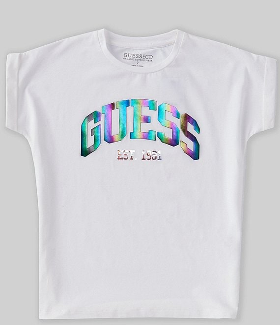 Color:Pure White - Image 1 - Big Girls 7-16 Short Sleeve Guess Boxy T-Shirt