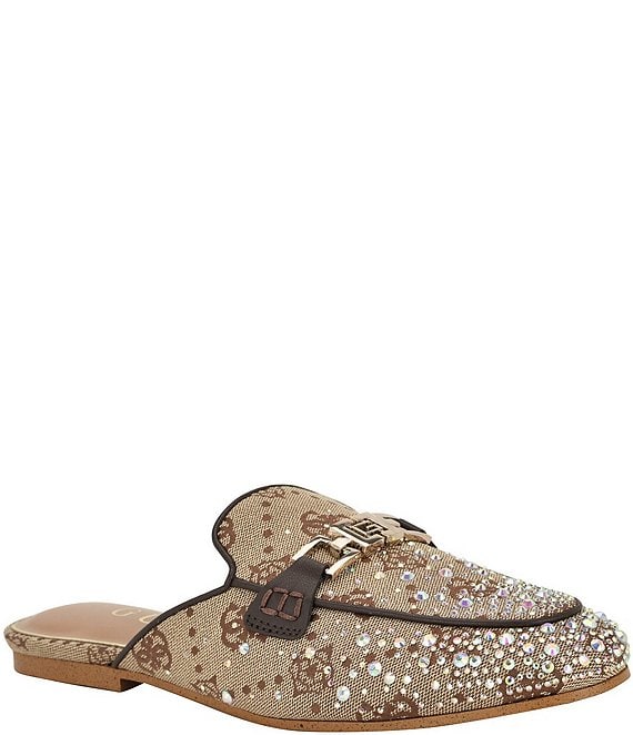 Guess Bommiyaa Logo Print Rhinestone Hardware Mules