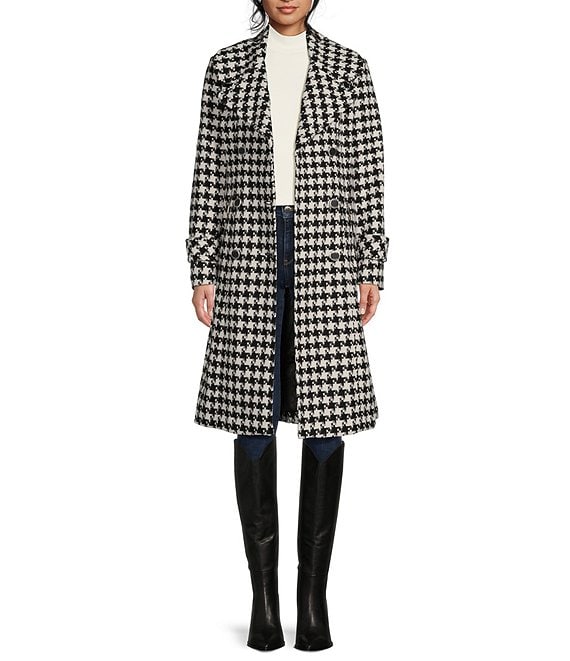 Guess Double Breasted Houndstooth Wool Blend Belted Trench Coat | Dillard's