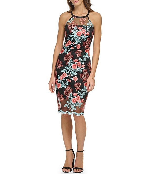 Guess Floral Embroidery Halter Neck Strappy Back Sheath Dress | Dillard's