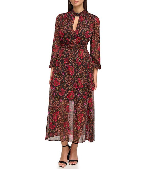 Guess Floral Print Long Sleeve Open Lace Up Back A-Line Maxi Dress ...