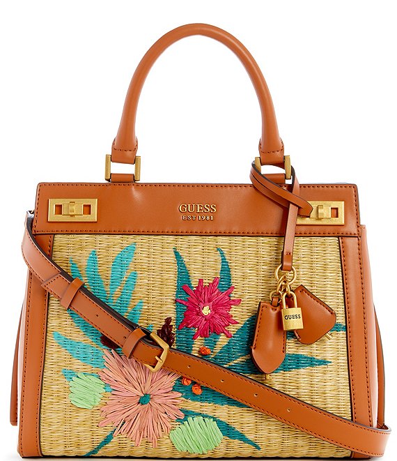 Guess Katey Luxury Straw Tropical Floral Leather Satchel Bag | Dillard's