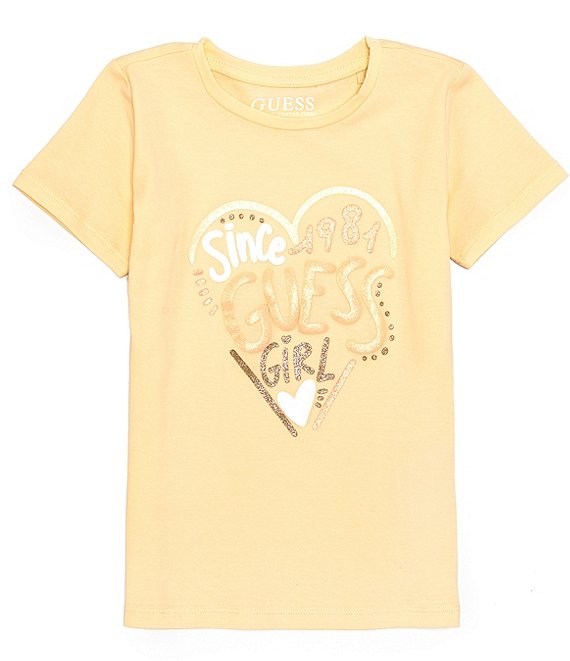 Guess Little Girls 2T-7 Short Sleeve Glitter Puff Print Heart Logo T ...