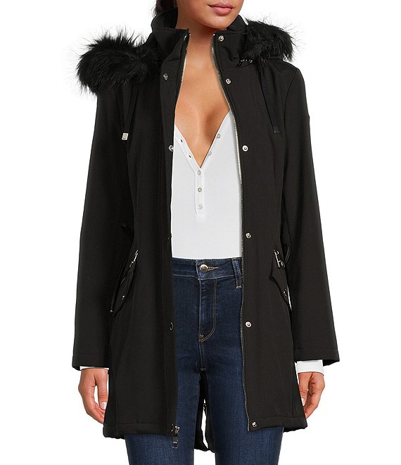 Guess Women's Hooded Faux Fur Trim Parka - Black - Size M