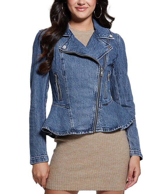 Guess Mac Long Sleeve Peplum Denim Moto Jacket