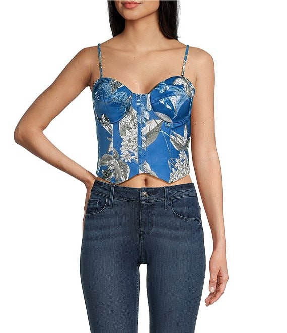 Guess Maia Large Floral Printed Corset Crop Top