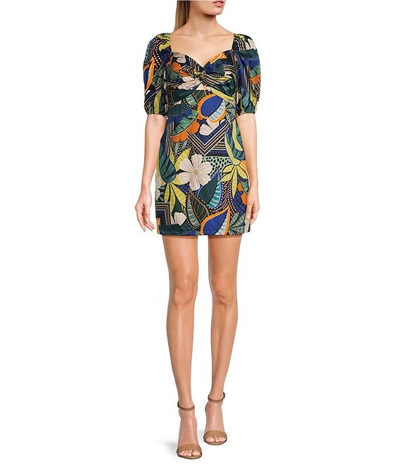 Guess Marisol Floral Print Short Sleeve Keyhole Front Dress | Dillard's