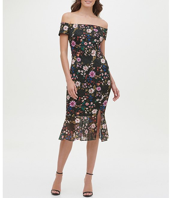 Guess Off-The-Shoulder Cap Sleeve Floral Lace Flounce Hem Side Slit Midi  Dress