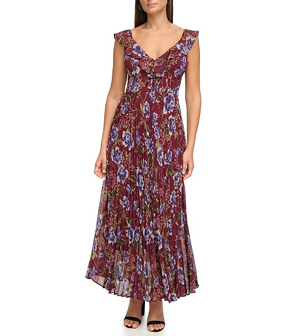 Guess Printed V-Neck Sleeveless Pleated Maxi Dress | Dillard's