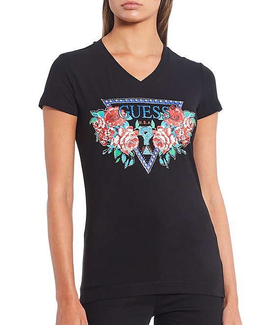 Guess Short Sleeve Roses Triangle Logo Graphic T-Shirt | Dillard's