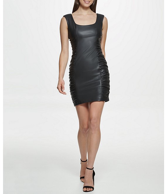 Guess Square Neck Sleeveless Vegan Leather Ruched Side Mini Dress ...