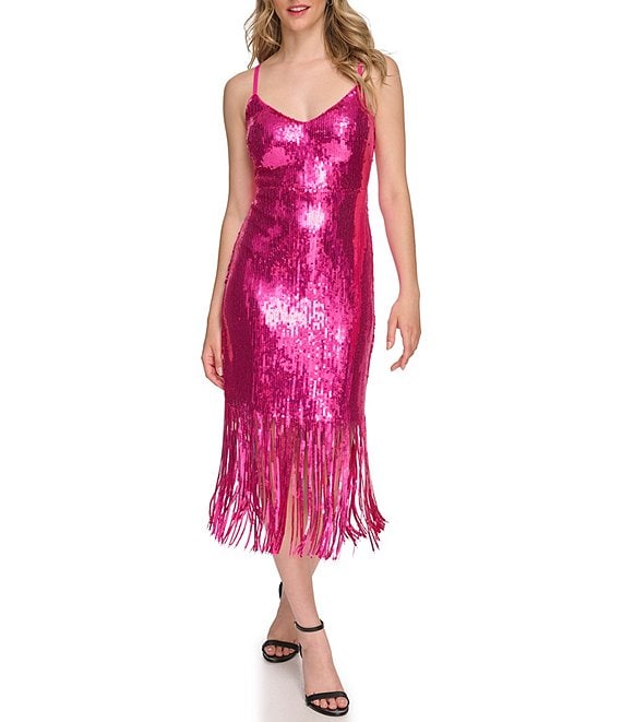 Color:Hot Pink - Image 1 - Stretch Sequin V-Neckline Sleeveless Fringe Hem Midi Dress