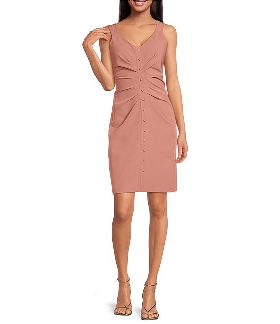 Guess Stretch V-Neck Sleeveless Ruched Button Front Detail Dress