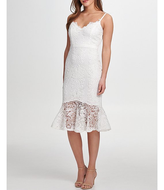Color:White - Image 1 - V-Neck Sleeveless Flounce Hem Floral Lace Sheath Dress