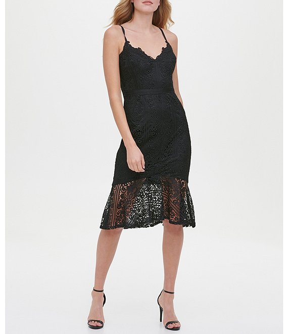 Color:Black - Image 1 - V-Neck Sleeveless Flounce Hem Floral Lace Sheath Dress