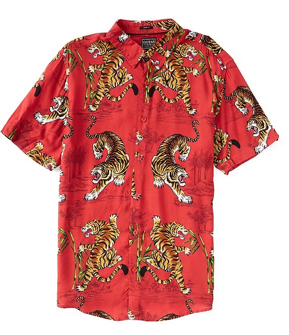 Guess Tiger/Bamboo Printed Short Sleeve Woven Shirt