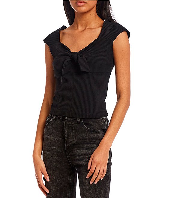 Color:Black - Image 1 - Valeriana Tie Sweetheart Neck Ribbed Knit Top