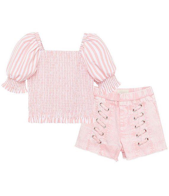 Color:Pink - Image 1 - Little Girls 2T-6X Short Puff Sleeve Smocked Stripe Top & Lace Up Front Denim Short 2-Piece Set
