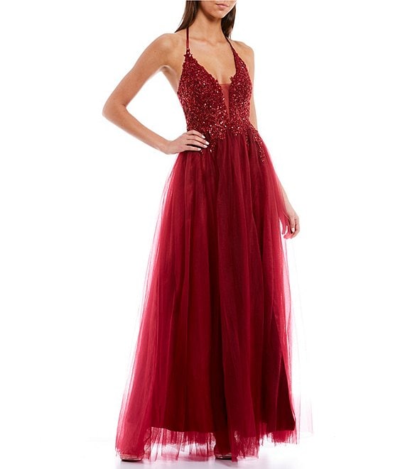 Color:Wine - Image 1 - Halter Neck Lace Bodice Illusion Back Ball Gown