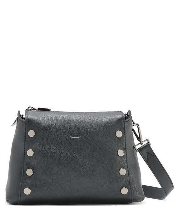 Color:Black/Gunmetal - Image 1 - Bryant Medium Pebble Leather Gunmetal Studded Convertible Crossbody Shoulder Bag