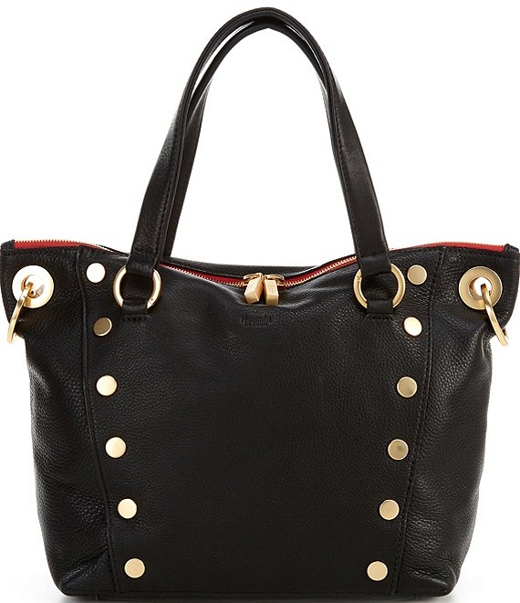 Color:Black/Brushed Gold - Image 1 - Daniel Pebble Leather Studded Medium Satchel Bag