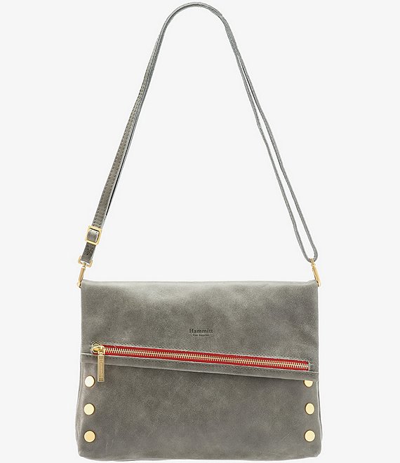 Color:Pewter/Brushed Gold/Red Zipper - Image 1 - VIP Leather Fold-Over Large Crossbody Bag
