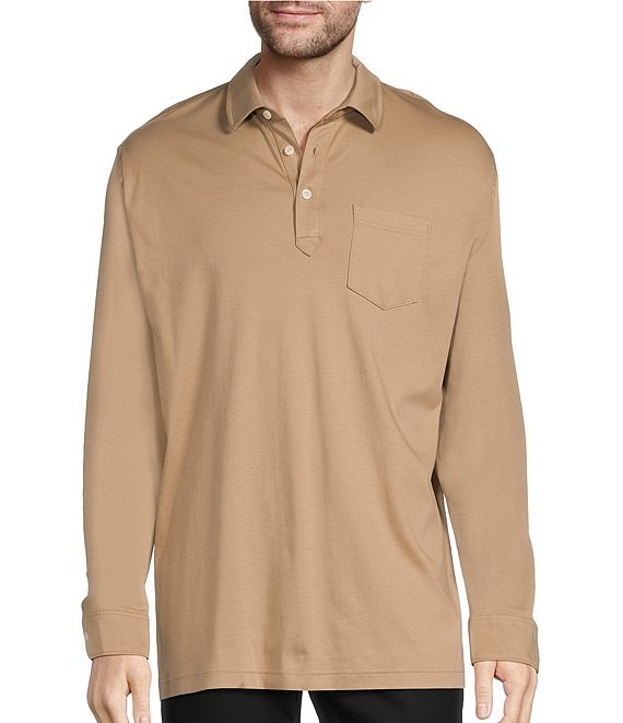 Color:Khaki - Image 1 - Autumnal Equinox Collection Long Sleeve Solid HartSoft Polo