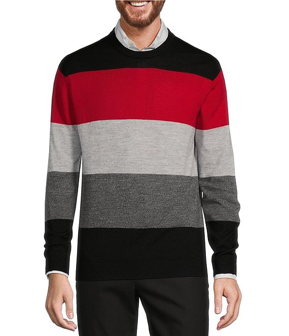 Color:Black - Image 1 - Long Sleeve Crewneck Merino Wool Stripe Sweater