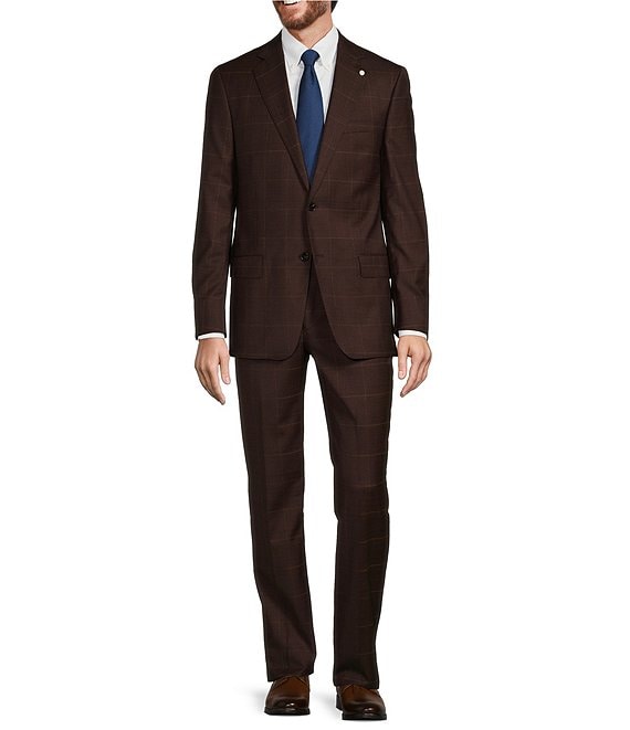 Color:Burgundy - Image 1 - New York Modern Fit Flat Front Plaid Pattern 2-Piece Suit