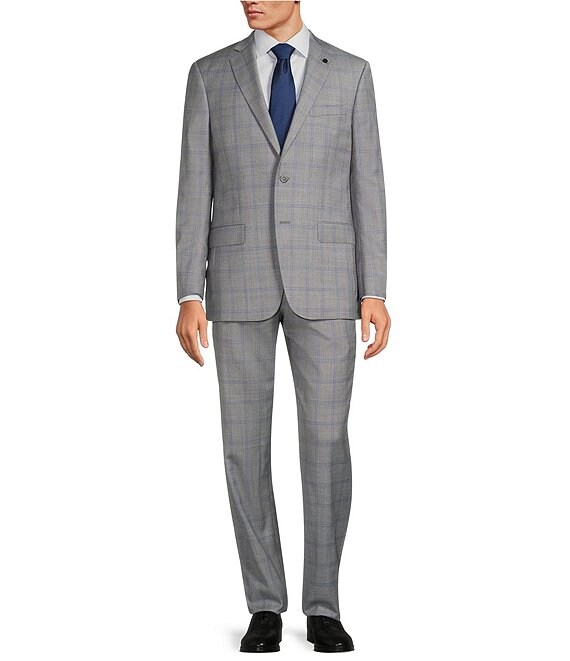 Color:Light Grey - Image 1 - New York Modern Fit Windowpane Pattern 2-Piece Suit