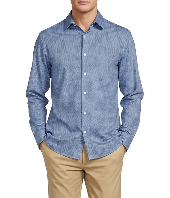 Hart Schaffner Marx State Street Essentials Albini 4FLEX Long Sleeves Mini Tile Spread Collar Coat Front Shirt, Blue - Image 1