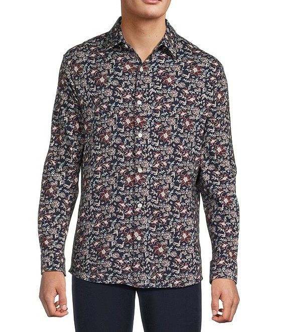 Hart Schaffner Marx The Reserve Collection Long Sleeve 4FLEX Large Floral Sport Shirt, Dark Navy - Image 1