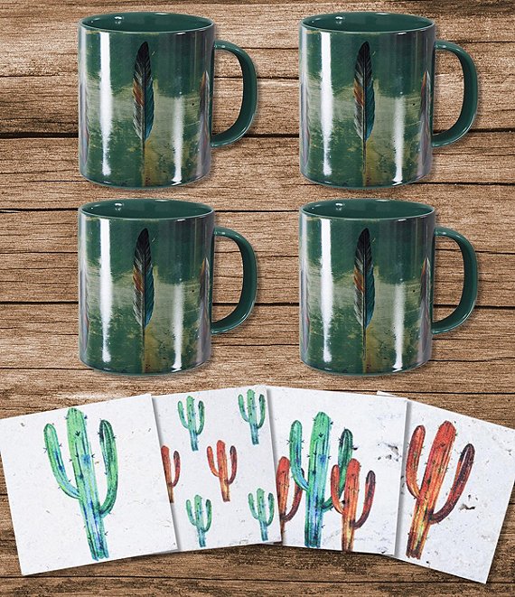 HiEnd Accents 8-Piece Tossed Feather Mug and Saguaro Cactus Coaster Set