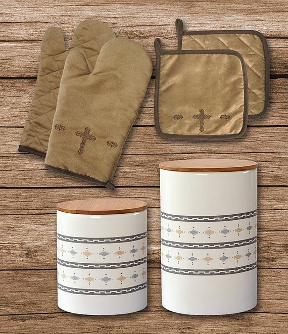 HiEnd Accents Set of 6 Cross Print Oven Mitt/Pot Holder and Small Southwestern Canister Set