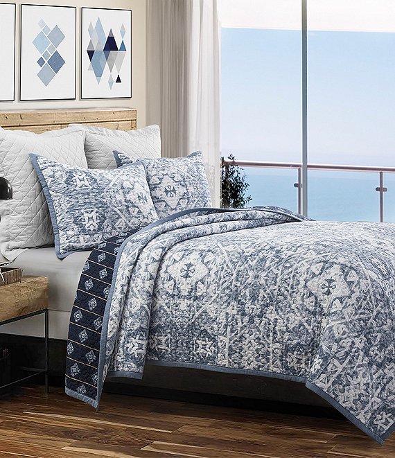 Hiend Accents Skyler Blue Stripe Medallion Print Quilt Mini Set 