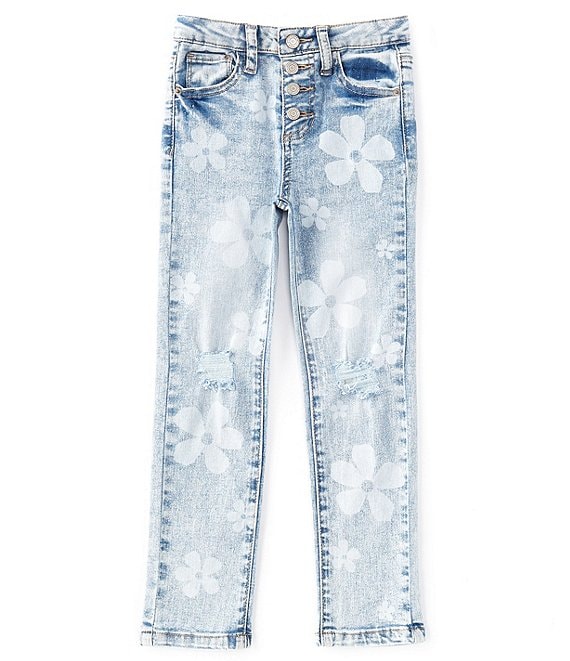 Color:Floral Denim - Image 1 - Little Girls 4-6X Daisy Discharge High-Rise Straight Leg Jeans