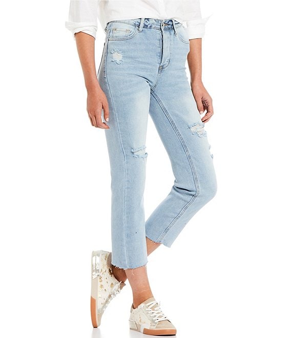 Color:Riggs - Image 1 - Destructed Cheeky High-Rise Raw-Hem Straight Crop Jeans