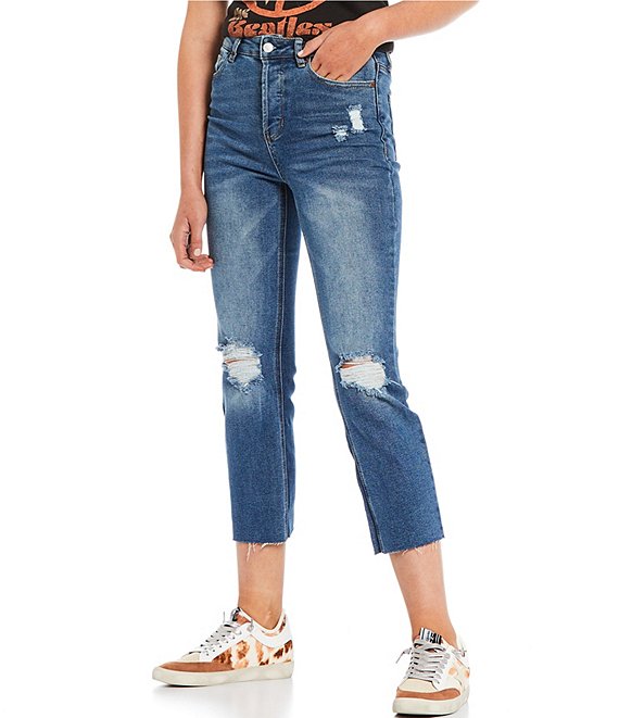 Color:Mickey - Image 1 - High-Rise Destructed Cropped Straight Jeans