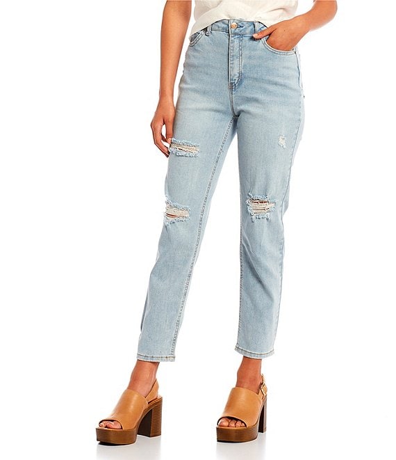 Hippie Laundry High Rise Distressed Light Wash Straight Leg Mom Jeans ...