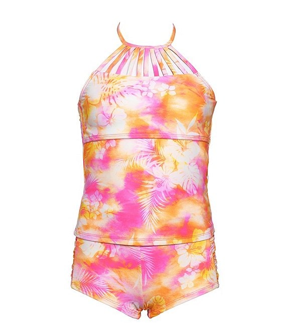 Hobie Big Girls 7-16 Color Splashed Strappy-High-Neck Tankini Top &  Shirred-Side Boy Shorts Two-Piece Swimsuit