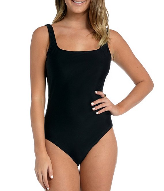 Color:Black - Image 1 - Solid Square Neck Tank One Piece Swimsuit